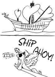 Size: 1382x1946 | Tagged: safe, artist:chopsticks, derpibooru exclusive, princess cadance, alicorn, pony, g4, eyepatch, female, funny, heart, humor, literal shipping, magic, monochrome, princess of shipping, pun, ship, shipper, shipper on deck, shout, solo, spyglass, telekinesis, text, visual pun, water