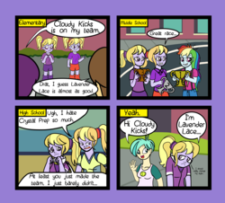 Size: 5575x5033 | Tagged: safe, artist:oneovertwo, cloudy kicks, lavender lace, rainbow dash, tennis match, comic:lavender lace enemy of cloudy kicks, equestria girls, g4, absurd resolution, background human, comic