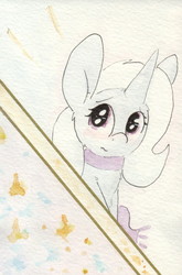 Size: 688x1040 | Tagged: safe, artist:slightlyshade, trixie, pony, unicorn, g4, big ears, blushing, chest fluff, clothes, cute, diatrixes, female, mare, scarf, solo, traditional art