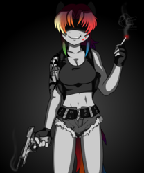 Size: 1500x1800 | Tagged: safe, alternate version, artist:ponyecho, rainbow dash, anthro, g4, black lagoon, blood, breasts, busty rainbow dash, cleavage, crossover, female, gun, monochrome, neo noir, partial color, revy, smoking, solo, tattoo, weapon