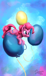 Size: 1078x1792 | Tagged: safe, artist:insanerobocat, pinkie pie, earth pony, pony, g4, balloon, cute, cutie mark, diapinkes, female, happy, open mouth, signature, smiling, solo