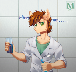 Size: 1264x1200 | Tagged: safe, artist:margony, oc, oc only, earth pony, anthro, anthro oc, chemist, chemistry, clothes, commission, green eyes, lab coat, looking at you, male, shirt, solo, stallion