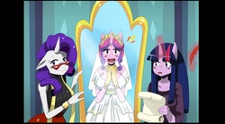 Size: 5626x3097 | Tagged: safe, artist:traupa, princess cadance, rarity, twilight sparkle, anthro, a canterlot wedding, g4, absurd resolution, breasts, busty princess cadance, clothes, dress, female, glasses, gloves, glowing horn, horn, letter, looking at you, magic, mirror, quill, reflection, scene interpretation, smiling, trio, wedding dress