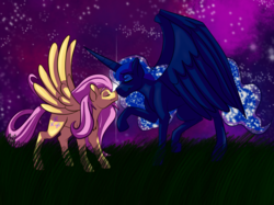 Size: 2732x2048 | Tagged: safe, artist:percy-mcmurphy, fluttershy, princess luna, alicorn, pegasus, pony, g4, boop, eyes closed, female, grass field, high res, large wings, lesbian, long mane, night, noseboop, nuzzling, raised hoof, ship:lunashy, shipping, size difference, smiling, spread wings, starry night, stars, wings