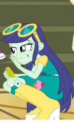 Size: 274x457 | Tagged: safe, screencap, blueberry cake, equestria girls, g4, my little pony equestria girls: friendship games, bleachers, boots, clothes, cupcake, food, glasses, hand on face, high heel boots, iphone, skirt