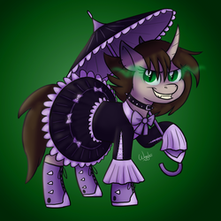 Size: 1280x1280 | Tagged: safe, artist:wiggles, oc, oc only, oc:ryleigh, pony, unicorn, bow, clothes, collar, commission, converse, dark magic, dress, female, magic, mare, nightmarified, shoes, simple background, solo, sombra eyes, spikes, umbrella