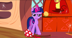 Size: 1360x730 | Tagged: safe, screencap, twilight sparkle, pony, dragon quest, g4, 3:, bindle, female, golden oaks library, magic, mare, solo, wavy mouth