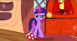 Size: 1360x730 | Tagged: safe, screencap, twilight sparkle, pony, dragon quest, g4, my little pony: friendship is magic, 3:, bindle, female, golden oaks library, magic, mare, solo, wavy mouth