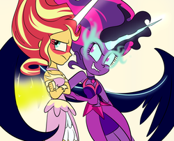 Size: 1024x828 | Tagged: dead source, safe, artist:wubcakeva, sci-twi, sunset shimmer, twilight sparkle, equestria girls, g4, bare shoulders, breasts, cleavage, clothes, crossed arms, daydream shimmer, dress, duo, evening gloves, female, fingerless gloves, gloves, glowing horn, horn, large wings, lip bite, long gloves, looking away, midnight sparkle, nudge nudge, sleeveless, smiling, strapless, sunset shimmer is not amused, unamused, wings