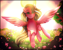 Size: 3501x2772 | Tagged: safe, artist:kurochhi, oc, oc only, pegasus, pony, commission, female, flower, flying, garden, grass, high res, looking at you, mare, nest, scenery, smiling, solo, spread wings, sunlight, tree