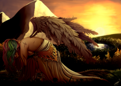 Size: 3496x2480 | Tagged: safe, artist:seniloko, princess celestia, human, g4, clothes, crying, dress, female, forest, high res, humanized, kneeling, lake, mountain, scratches, solo, spread wings, sunrise, twilight (astronomy), winged humanization, wings