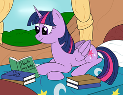 Size: 2600x2000 | Tagged: safe, artist:cloudy95, twilight sparkle, alicorn, pony, g4, bed, book, female, golden oaks library, high res, prone, reading, solo, twilight sparkle (alicorn)