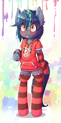 Size: 600x1200 | Tagged: safe, artist:hoodie, oc, oc only, oc:b.b., pony, unicorn, semi-anthro, blushing, clothes, ear fluff, hoodie, paint, simple background, socks, solo, striped socks, tongue out