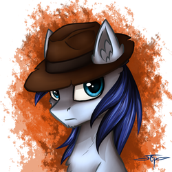 Size: 1000x1000 | Tagged: safe, artist:setharu, oc, oc only, oc:p-21, pony, fallout equestria, fallout equestria: project horizons, bust, chest fluff, ear fluff, frown, hat, male, paint splatter, portrait, signature, solo, stallion