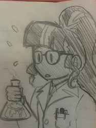 Size: 720x960 | Tagged: safe, artist:funakounasoul, sci-twi, twilight sparkle, equestria girls, g4, adorkable, clothes, cute, dork, erlenmeyer flask, female, glasses, lab coat, lined paper, ponytail, science, sketch, solo, traditional art