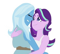 Size: 1000x900 | Tagged: safe, artist:doodledonut, starlight glimmer, trixie, equestria girls, g4, duo, female, hug, lesbian, ship:startrix, shipping, smiling