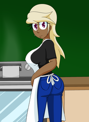 Size: 1069x1462 | Tagged: safe, artist:jake heritagu, oc, oc only, oc:sandy hooves, human, apron, big breasts, breasts, clothes, female, humanized, humanized oc, looking at you, looking back, pants, shirt, smiling, solo, stove