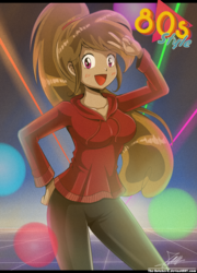 Size: 1420x1969 | Tagged: safe, artist:the-butch-x, oc, oc only, oc:cupcake slash, equestria girls, g4, 80s, anime style, blushing, breasts, clothes, equestria girls-ified, female, gift art, hand on hip, hoodie, looking at you, open mouth, pants, peace sign, signature, smiling, solo, sweater