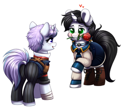 Size: 936x817 | Tagged: safe, artist:confetticakez, oc, oc only, pony, unicorn, bioshock infinite, clothes, commission, crossover, cute, female, flower, freckles, heart, male, mare, oc x oc, open mouth, raised hoof, rose, shipping, simple background, smiling, stallion, straight, white background