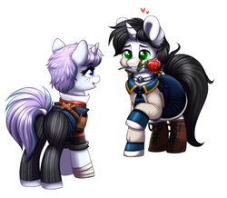 Size: 936x817 | Tagged: safe, artist:confetticakez, oc, oc only, pony, unicorn, bioshock infinite, blushing, clothes, commission, crossover, cute, female, flower, freckles, heart, male, mare, oc x oc, open mouth, raised hoof, rose, shipping, simple background, smiling, stallion, straight, white background