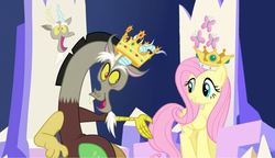 Size: 683x394 | Tagged: safe, edit, edited screencap, screencap, discord, fluttershy, draconequus, pegasus, pony, g4, what about discord?, crown, female, friendship throne, jewelry, king discord, male, queen fluttershy, regalia, throne