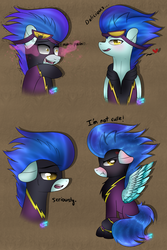 Size: 1024x1536 | Tagged: dead source, safe, artist:northlights8, nightshade, pegasus, pony, g4, clothes, costume, female, i'm not cute, mare, shadowbolts costume, shadowbolts uniform, solo, tongue out, tsundere