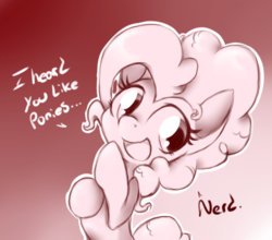 Size: 422x372 | Tagged: safe, artist:alazak, pinkie pie, g4, dialogue, female, gradient background, monochrome, open mouth, rude, sketch, smiling, solo