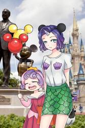 Size: 640x960 | Tagged: safe, artist:161141, rarity, sweetie belle, human, g4, ariel, balloon, clothes, crown, cute, disney, disney world, duo, hat, horn, horned humanization, humanized, jewelry, magic kingdom, mickey balloon, mickey hat, mickey mouse, princess aurora, regalia, sisters, skirt, sleeping beauty, the little mermaid, walt disney, walt disney world
