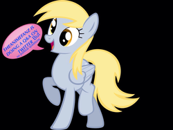 Size: 1024x768 | Tagged: safe, derpy hooves, pegasus, pony, g4, advertisement, black background, female, mare, meta, mouthpiece, simple background, solo, speech bubble