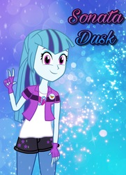 Size: 1480x2048 | Tagged: dead source, safe, artist:drewmwhit, sonata dusk, equestria girls, g4, my little pony equestria girls: rainbow rocks, alternate universe, clothes, eyeshadow, female, fingerless gloves, gloves, looking at you, makeup, smiling, solo, text