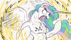 Size: 2000x1125 | Tagged: dead source, safe, artist:ncmares, princess celestia, alicorn, pony, semi-anthro, g4, abs, dragon ball, dragon ball z, female, majin, muscles, open mouth, sharp teeth, solo, spread wings, super saiyan, super saiyan princess, tattoo, teeth, trace, tracing meme, werelestia