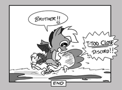 Size: 806x597 | Tagged: safe, artist:loreto-arts, discord, spike, dragon, comic:friendship is innuendo, g4, baby discord, black and white, gay, grayscale, male, monochrome, ship:dispike, shipping