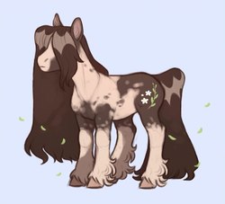 Size: 960x872 | Tagged: safe, artist:kapusha-blr, oc, oc only, earth pony, pony, coat markings, fluffy, frown, gradient background, hair over eyes, hidden eyes, leaves, long hair, long mane, pinto, solo, unshorn fetlocks