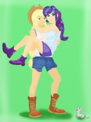 Size: 600x800 | Tagged: safe, artist:eulicious, applejack, rarity, human, mouse, g4, bridal carry, carrying, female, humanized, lesbian, ship:rarijack, shipping, simple background