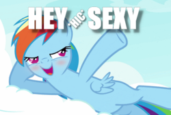 Size: 444x298 | Tagged: safe, rainbow dash, pony, g4, blushing, cloud, drunk, drunker dash, female, flirting, image macro, mare, meme, solo