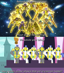 Size: 1265x1429 | Tagged: safe, edit, edited screencap, screencap, pony, unicorn, a canterlot wedding, g4, anime, aquarius camus, aries mu, armor, cancer death mask, capricorn shura, gemini saga, gold cloth, gold saint, image macro, leo aiolia, libra dohko, male, meme, pisces aphrodite, royal guard, sagittarius aiolos, saint seiya, scorpio milo, stallion, taurus aldebaran, virgo shaka