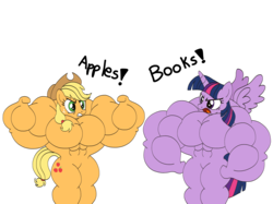 Size: 2732x2048 | Tagged: safe, artist:broozerpunch, applejack, twilight sparkle, alicorn, pony, semi-anthro, g4, apple, argument, book, fetish, high res, muscle fetish, muscles, simple background, swol, that pony sure does love apples, that pony sure does love books, transparent background, twilight sparkle (alicorn)