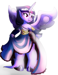 Size: 2111x2740 | Tagged: safe, artist:heyerika, twilight sparkle, alicorn, anthro, unguligrade anthro, g4, alternate hairstyle, cleavage, clothes, dress, female, high res, horn, horn ring, looking at something, smiling, solo, spread wings, twilight sparkle (alicorn), unshorn fetlocks