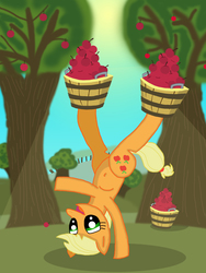 Size: 3024x4032 | Tagged: safe, artist:tacomytaco, applejack, g4, apple, apple tree, balancing, basket, belly button, bushel basket, female, food, handstand, high res, solo, tree, upside down