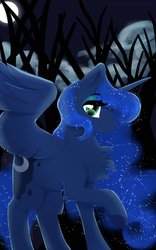 Size: 600x960 | Tagged: safe, artist:laps-sp, princess luna, alicorn, pony, g4, chest fluff, female, forest, looking at you, moon, night, smiling, solo