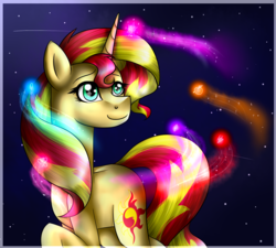 Size: 1336x1200 | Tagged: safe, artist:lada03, sunset shimmer, pony, unicorn, g4, female, giant pony, giant sunset shimmer, macro, magic, mare, smiling, solo, stars