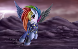 Size: 6000x3800 | Tagged: safe, artist:pony-stark, rainbow dash, pegasus, pony, g4, the cutie re-mark, absurd resolution, alternate timeline, amputee, apocalypse dash, augmented, clothes, crystal war timeline, female, gritted teeth, lightning, mare, outdoors, prosthetic limb, prosthetic wing, prosthetics, scar, signature, skidding, sky, solo, spread wings, torn ear