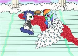 Size: 3504x2544 | Tagged: safe, artist:fledermaus52, rainbow dash, soarin', pony, g4, clothes, dress, female, food, high res, looking at each other, male, pie, ship:soarindash, shipping, smiling, straight, tuxedo, wedding dress