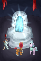 Size: 2756x4079 | Tagged: safe, artist:chiptunebrony, oc, oc only, oc:earnest hooves, oc:platinum trophy, oc:shirley hooves, tails of equestria, accessory, bandage, butt, clothes, coin, compass, cutie mark, earnest evans, fanart, female, filly, glasses, goblet, hat, high res, horseshoe mirror, illustration, magic mirror, magnifying glass, mirror universe, open mouth, plot, pointing, portal, ruins, saddle bag, shirley holmes, shocked, stairs, sweater, teeth, worried