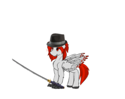 Size: 726x579 | Tagged: artist needed, safe, oc, oc only, oc:epsilon, hippogriff, hat, katana, simple background, solo, sword, transparent background, trilby, weapon