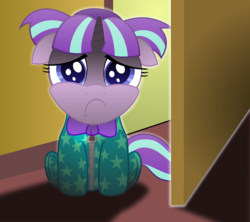 Size: 2000x1778 | Tagged: safe, artist:spellboundcanvas, starlight glimmer, pony, unicorn, g4, bow, clothes, cute, female, filly, filly starlight glimmer, floppy ears, footed sleeper, glimmerbetes, pajamas, pigtails, sad, solo, weapons-grade cute, younger