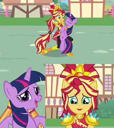 Size: 1920x2160 | Tagged: safe, artist:culu-bluebeaver, artist:dashiemlpfim, artist:misteraibo, sunset shimmer, twilight sparkle, alicorn, human, pony, equestria girls, g4, my little pony equestria girls: legend of everfree, boots, clothes, crystal guardian, cute, high heel boots, holding a pony, ponied up, ponytail, ponyville, show accurate, sun, twilight sparkle (alicorn)