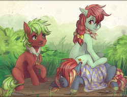 Size: 1233x939 | Tagged: safe, artist:1an1, apple cinnamon, candy apples, oc, earth pony, pony, g4, apple family member, collar, cottagecore, neckerchief, picnic blanket, ponies riding ponies, riding, trio