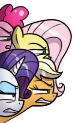 Size: 306x502 | Tagged: safe, edit, idw, applejack, fluttershy, pinkie pie, rarity, g4, spoiler:comic, background removed, simple background, transparent background