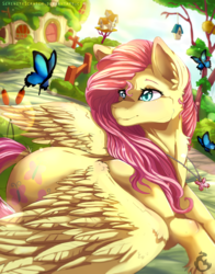 Size: 1024x1303 | Tagged: safe, artist:serenity, fluttershy, butterfly, pony, g4, accessory, blushing, colored pupils, cottage, cute, ear fluff, female, fluttershy's cottage, jewelry, necklace, pretty, prone, solo, speedpaint, spread wings, wingding eyes